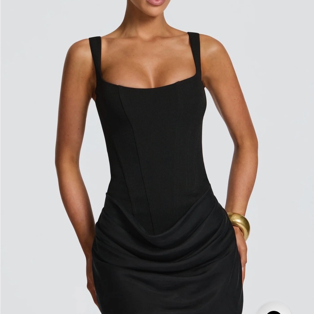 Black Mini Dress with Square Neck and Draped Skirt
